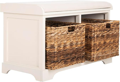 SAFAVIEH Home Collection – Freddy Vintage White Storage Bench with Wicker Baskets & Cushion, Entryway Seating Bench, Fully Assembled (AMH5736D)