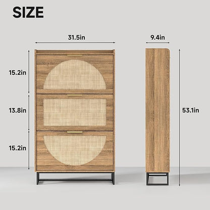 Maupvit Rattan Shoe Storage Cabinet with 3 Flip Drawers, Freestanding Shoe Organizer with Metal Legs for Entryway, Hidden Golden Handles, Narrow Shoe Rack Cabinet, Rustic Oak Rattan