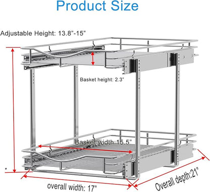 DINDON 2 Tier Pull Out Cabinet Organizer (17" W X 21" D), Double Tier Wire Basket Slide Out Shelf Storage for Kitchen Base Cabinet, Chrome Finish