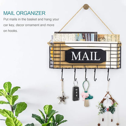 SRIWATANA Rustic Mail Key Holder, Mail Organizer Wall Mount with 5 Hooks Large, Black