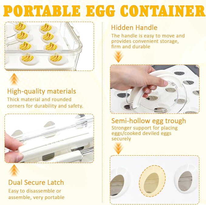 20 Deviled Egg Containers with Lid & Handle,Egg Holder for Fridge PET Thickened Eggs Organizer for Refrigerator Inc Egg Slicer,Kitchen Tongs,Silicone Spatula,Piping Decorating Kit