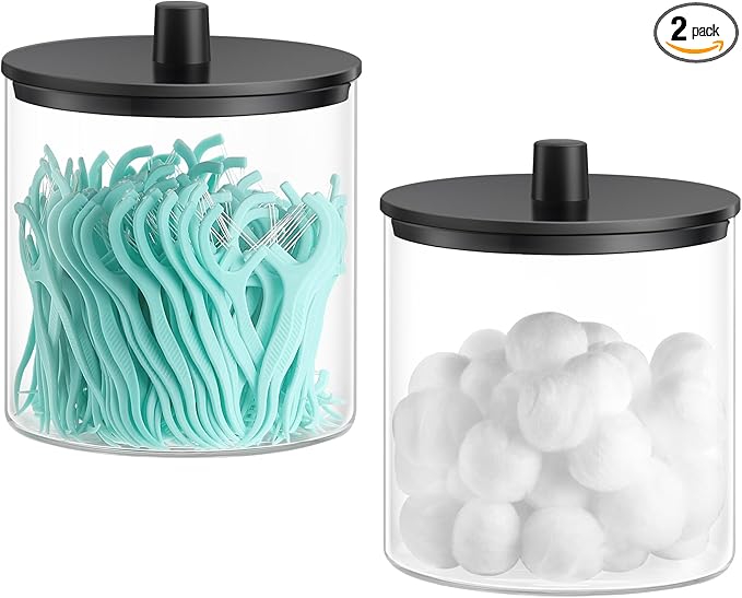 TIPGO Glass Qtip Holder Dispenser - 24 oz Clear Canister Jar, Bathroom Vanity Storage Organizer for Cotton Swabs, Pads, Floss Picks, Small Containers for Makeup Storage (Black)