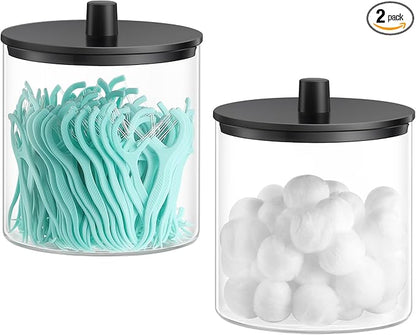 TIPGO Glass Qtip Holder Dispenser - 24 oz Clear Canister Jar, Bathroom Vanity Storage Organizer for Cotton Swabs, Pads, Floss Picks, Small Containers for Makeup Storage (Black)