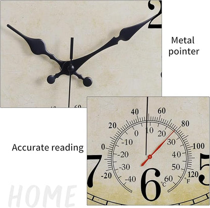 16 Inch Large Outdoor Clock, Waterproof Wall Clock with Thermometer, Battery Operated Silent Non-Ticking Vintage Wall Clock Quartz Round Clock Home Decor,Brown