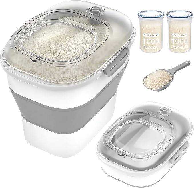 20-50Lbs Rice Container,Collapsible Food Storage Containers with Clear Airtight Lid,Wheels,Date Track,Rice Storage Container with 2PCS Containers and Scoop for Flour Sugar Cereal Grain Dog Cat