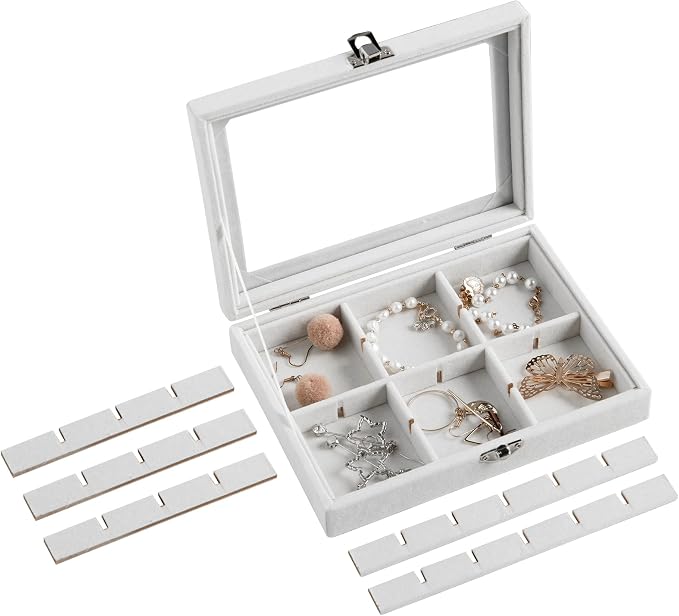 Frebeauty 24 Grid Jewelry Tray,Velvet Stud Earring Organizer,Small Jewelry Organizer with Clear Lid,Lockable Earring Holder Organizer Jewelry Boxes & Organizer Ring Holder for Women & Girls(White)
