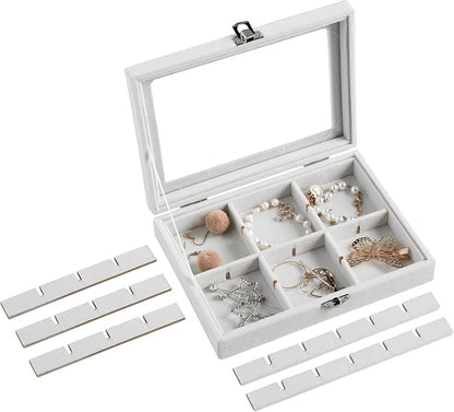 Frebeauty 24 Grid Jewelry Tray,Velvet Stud Earring Organizer,Small Jewelry Organizer with Clear Lid,Lockable Earring Holder Organizer Jewelry Boxes & Organizer Ring Holder for Women & Girls(White)