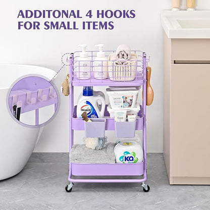 KINGRACK 3 Tier Rolling Cart, Metal Mobile Storage Shelf with Lockable Wheels, Prevent Falling Utility Trolley Cart, Storage Organizer for Kitchen, Office, Bathroom, Dorm, Purple