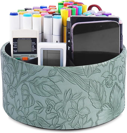 Hennaja Remote Control Holder, 360°Spinning PU Leather Desk TV Remote Caddy,Desk Storage Box Room Accessories for Controller, Media,Mail,Calculator, Mobile Phone,Pencil(1-Carved Green2)