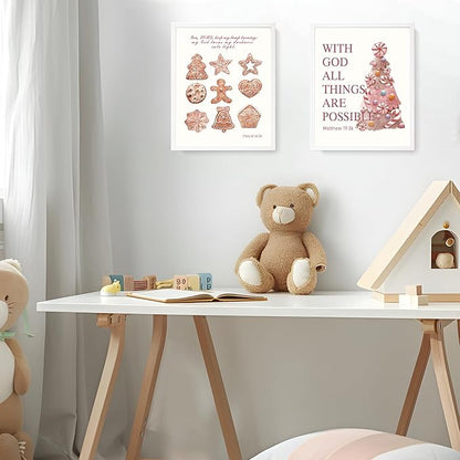 LARTSFRO Coquette Pink Christmas Gingerbread House Gifts Wall Art Decor Posters, Cute Christmas Gingerbread Man Christian Room Bathroom Bedroom Dorm Wall Art Decor Aesthetic for College Teen Girls Gifts, Inspirational Bible Verses Gingerbread Wall Deco...