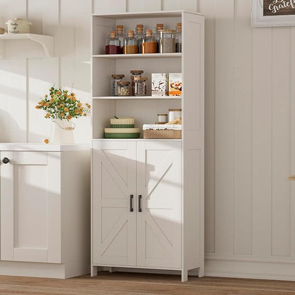 Homhedy 67" Tall Bathroom Storage Cabinet, Freestanding Farmhouse Cabinet with 2 Doors and Adjustable Shelf, Bathroom Organizers and Storage for Kitchen, Living Room, Laundry Room, White
