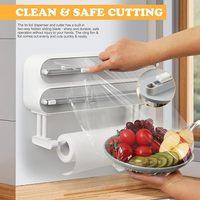 Magnetic Plastic Wrap Dispenser with Cutter - Refillable Aluminum Tin Foil and Plastic Wrap Organizer for Kitchen, Quasziwa Upgraded 3 in 1 Paper Towel Holder Wall Mount - Fits 12" Roll, White