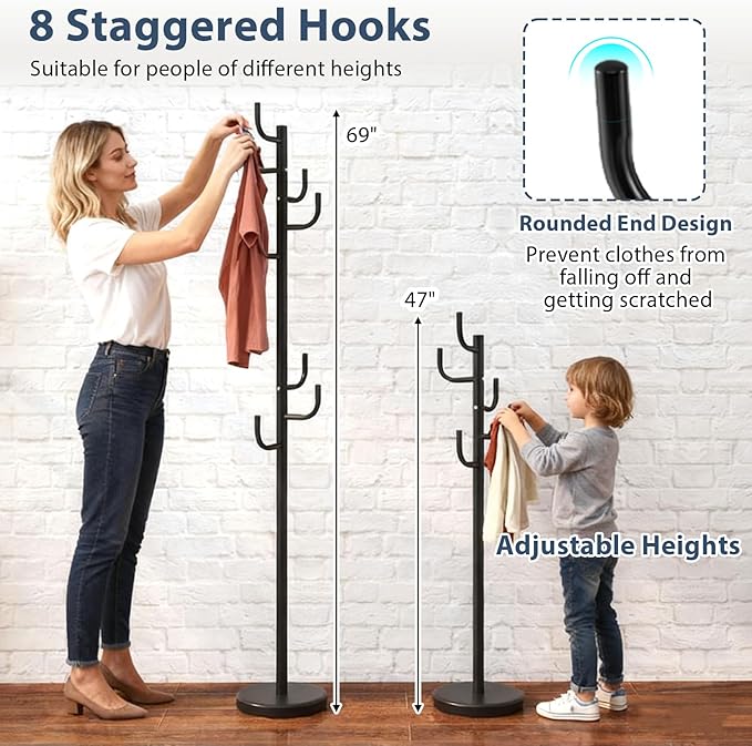 Tangkula Coat Rack Freestanding, Heavy Duty Metal Coat Tree with 8 L-Shaped Hooks & Adjustable Heights, Cactus Coat Hanger Stand for Clothes, Hats, Purse & Bag, for Entryway, Bedroom & Office