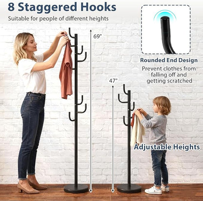 Tangkula Coat Rack Freestanding, Heavy Duty Metal Coat Tree with 8 L-Shaped Hooks & Adjustable Heights, Cactus Coat Hanger Stand for Clothes, Hats, Purse & Bag, for Entryway, Bedroom & Office