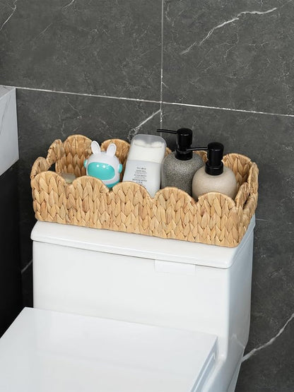 Coeusy 2 Pack Toilet Baskets,Scalloped Edge Wicker Basket for Toilet Paper Storage,Small Baskets for Bathroom,Living Room,Countertop,Shelves,Both Organizer & Decor,Natural Water Hyacinth