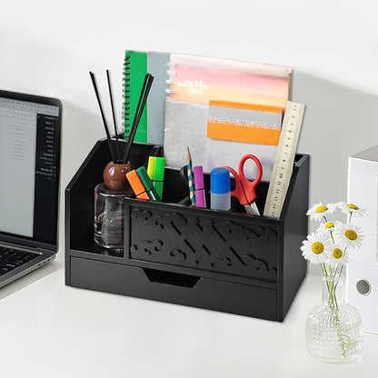 Black Wooden Mail Organizer with Drawer, Three Tiered Desk Accessories for Office Organization and Storage, Stylish Countertop Document Storage, Home/Office/Classroom Supplies (Black03)
