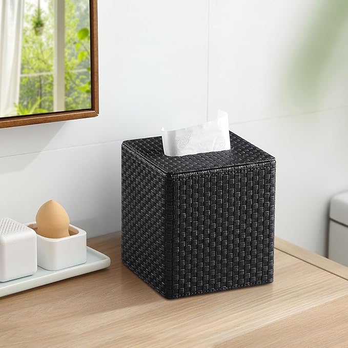 Square Tissue Box Cover, Stylish Leather Tissue Box Holder with Magnetic Bottom, Used As A Decorative Tissue Holder for Living Rooms, Bedrooms, and Desks(Black Woven Pattern)