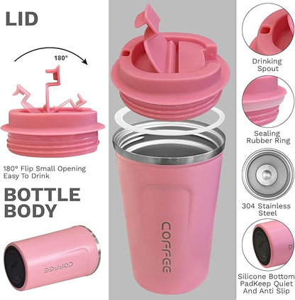 YINBAOGE Insulated Travel Coffee Mug, Spill & Leak Proof, Portable To Go Camping Stainless Steel Coffee Tumbler, Reusable Thermal Coffee Cup with Lid for Hot & Cold Drinks (2nd-Pink, 12 OZ)