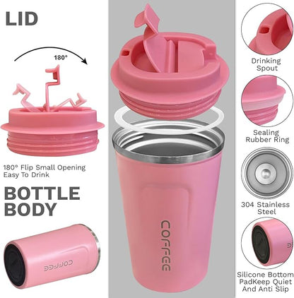 YINBAOGE Insulated Travel Coffee Mug, Spill & Leak Proof, Portable To Go Camping Stainless Steel Coffee Tumbler, Reusable Thermal Coffee Cup with Lid for Hot & Cold Drinks (2nd-Pink, 17 OZ)
