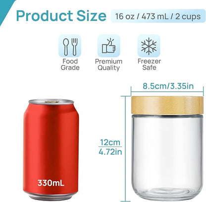 Vtopmart 6 Pack 16oz Glass Overnight Oats Containers with Bamboo Lids, Portable Wide Mouth Glass Jars Leak Proof, Reusable Glass Food Storage Containers for Yogurt Chia Pudding Salad Pickling Snacks