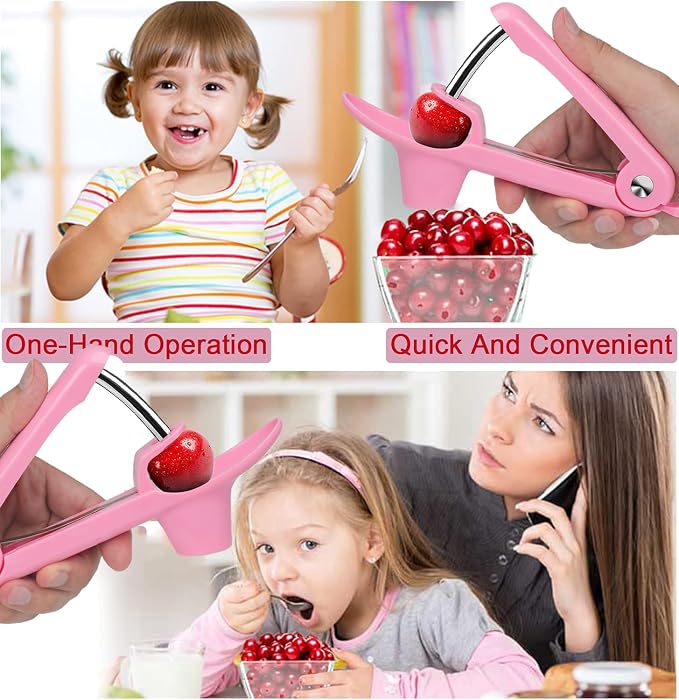 Cherry Pitter Tool, Cherry and Olive Pitter, Easy to Use and Clean, Stainless Steel and ABS, Pink Handle