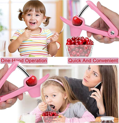 Cherry Pitter Tool, Cherry and Olive Pitter, Easy to Use and Clean, Stainless Steel and ABS, Pink Handle