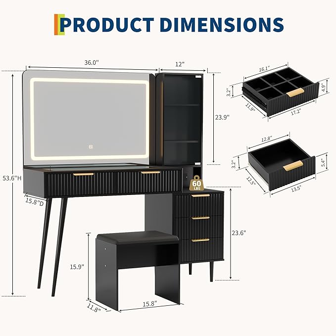 Vanity Desk with Mirror and Lights, 48" Makeup Vanity Table with 4 Drawers, 3-Shelves, Charging Station, Glass Top, 3 Color Modes & Adjustable Brightness, Modern Dressing Table Set for Bedroom - Black