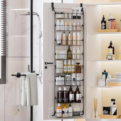 Delamu Over The Door Pantry Organizer, 8-Tier Pantry Door Organizers and Storage, Metal Hanging Spice Rack, Seasoning Organizer, Door Organizer for Home Kitchen Bathroom, Black