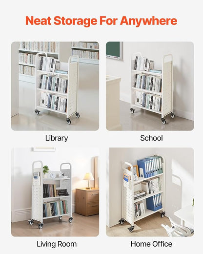 VEVOR Rolling Library Book Cart, 330 lbs Capacity, 30.3 x 15 x 48.0-Inch Library Cart, Single Sided V-Shaped Shelves with 3-Inch Lockable Wheels, Book Truck for Home Shelves Office and School, White