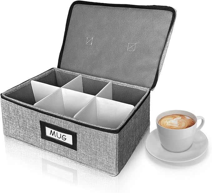 HURZMORO Cup and Mug Storage Box with Dividers – Stackable Hard Shell Organizer with Zipper Lid and Handles, Holds 6 Coffee Mugs or Tea Cups, Ideal for Moving and Packing(Grey)
