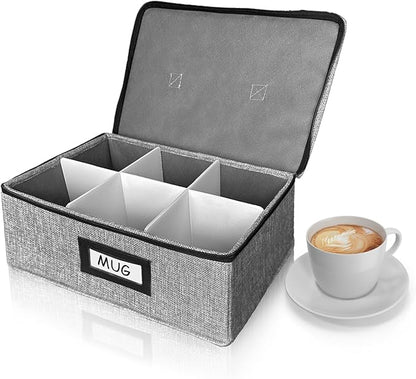 HURZMORO Cup and Mug Storage Box with Dividers – Stackable Hard Shell Organizer with Zipper Lid and Handles, Holds 6 Coffee Mugs or Tea Cups, Ideal for Moving and Packing(Grey)