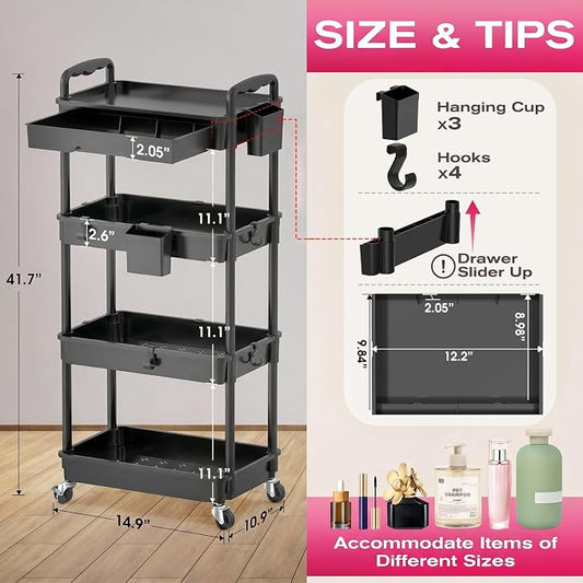 Goovilla Rolling Makeup Organizer Cart with Removable Drawer, 4 Tier Stable Black Floor Skincare Storage Cart for Vanity, Cosmetic Display, Nail Polish, Perfume, Hair Stuff, Beauty, Bathroom(Plastic)