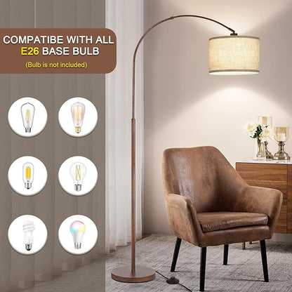 Floor Lamp for Living Room, Vintage Arc Floor Lamp with Adjustable Lamp Head, Tall Pole Lamp with On/Off Pedal Switch, Over Couch Arched Reading Light for Bedroom, Office, Study Room (Antique Bronze)
