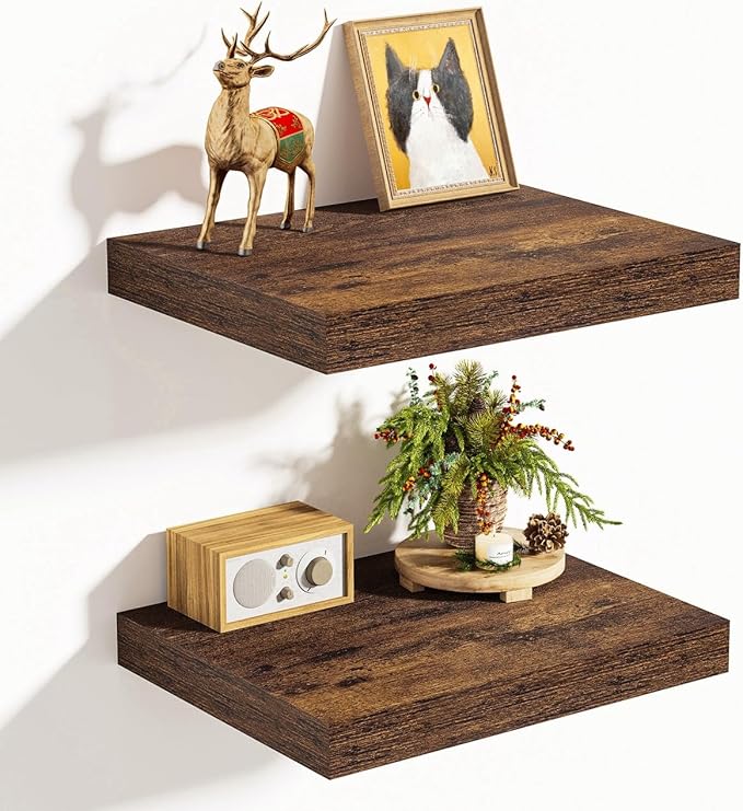 Vivelove 10 Inch Deep Floating Shelves 10 inch Long, 10 x 10 Wide Wall Shelves with Invisible Brackets, for Bedroom Bathroom Living Room Kitchen Office, Farmhouse Home Decor, Set of 2, Rustic Brown