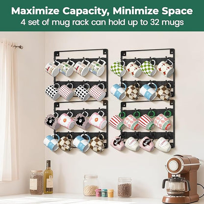 EsLuker.ly Mug Holder Hanger Rack Wall Mounted Wooden 4 Pack Coffee Cup Storage Organizer Display Shelf with 32 Movable Plastic Hooks, Ideal for Mug Collectors, Black