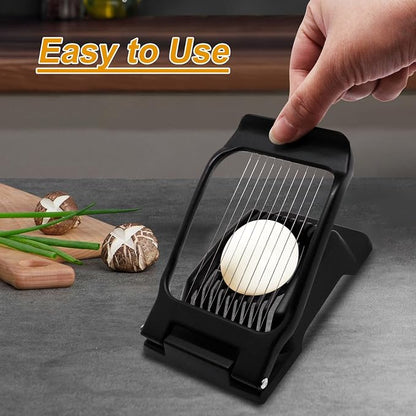 Egg Slicer for Hard Boiled Eggs, Food Slicer with 10 Stainless Steel Wires, Aluminum Alloy Heavy Duty Hard Boiled Egg Cutter for Soft Fruit Strawberry Butter Kiwi Home Use (1Pcs, Black)