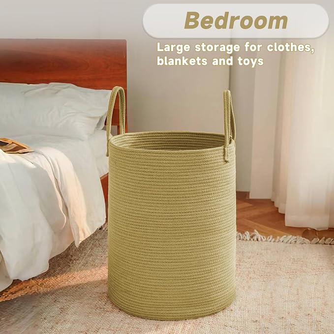 JMvicyroam Large Woven Laundry Basket Hamper,60L Cotton Rope Storage Bin for Blankets,Toys and Clothes,Decorative Tall Nursery Hamper for Living Room,Baby Nursery,Bathroom and Bedroom,Jute