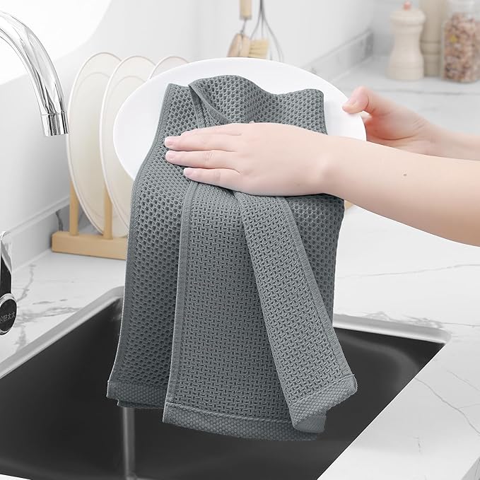 Homaxy 100% Cotton Waffle Weave Kitchen Dish Towels, Ultra Soft Absorbent Quick Drying Cleaning Towel, 13 x 28 Inches, 18-Pack, Grey