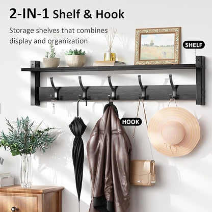 Coat Rack Wall Mount with Shelf, 29 Inch Coat Hanger Walls Mounted, Hat Rack for Walls, Shelf with 5 Coat Hooks, Wall Hanger for Entryway (Black)