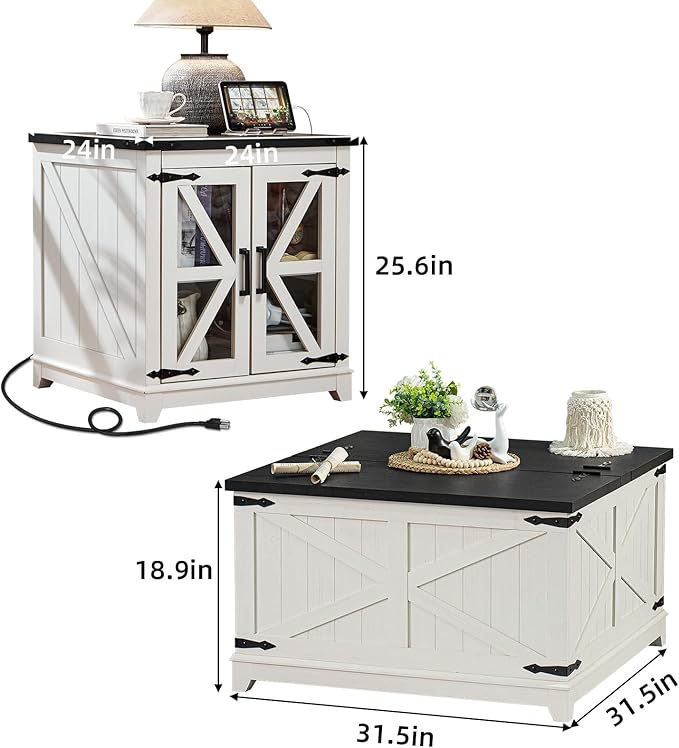 Farmhouse Coffee Table Sets 3 Pieces, Large End Side Tables with Charging Station and Coffee Table with Hidden Storage Compartment, White Living Room Table Set, Wood Furniture Sets for Home Office