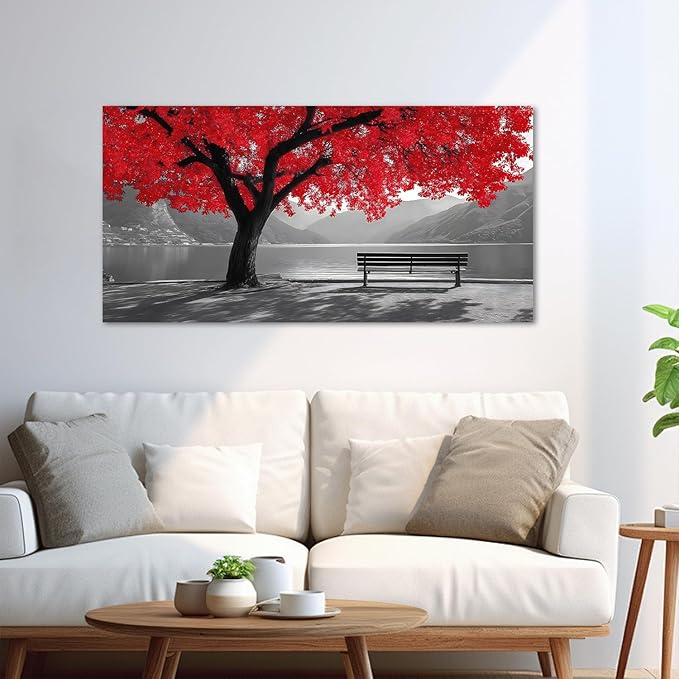 Tarfupth Black and White Red Large Tree of Life Wall Art for Living Room Mountain Artwork Landscape Lake Pictures for Bedroom Office Home Decor Modern Canvas Prints 20"x40"