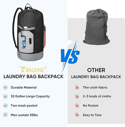 BALEINE 2PK 120L Laundry Bag Backpack, 900D Oxford Fabric Large Travel Laundry Bags with Shoulder Straps and 2 Mesh Pockets for College Dorm, Apartment, Laundromat (Black, 120L)