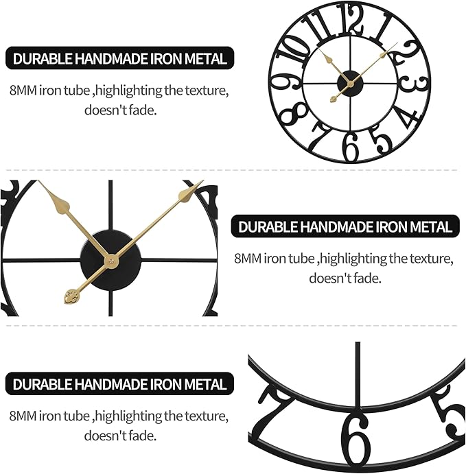 LEIKE Large Wall Clocks for Living Room,Silent,Non Ticking,Battery Operated Oversized Vintage Round Modern Metal Wall Clock for Bedroom,Farmhouse,Office Home Decor-24 Inch(Black-Arabic Number)