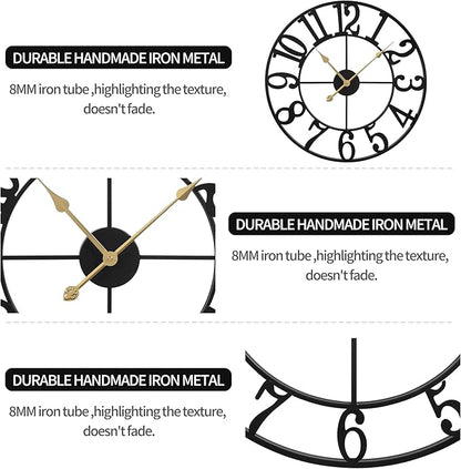 LEIKE Large Wall Clocks for Living Room,Silent,Non Ticking,Battery Operated Oversized Vintage Round Modern Metal Wall Clock for Bedroom,Farmhouse,Office Home Decor-24 Inch(Black-Arabic Number)