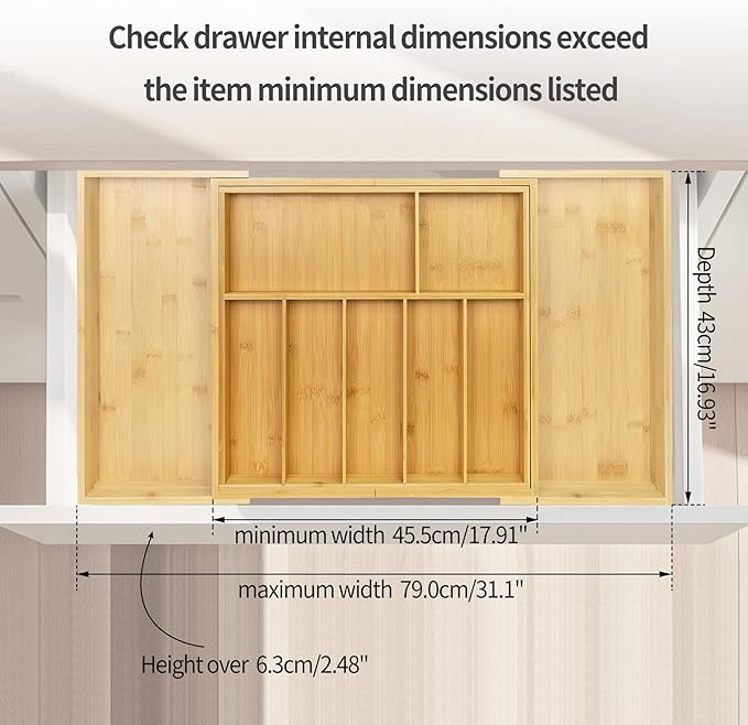 Utoplike Extra Large Kitchen Drawer Organizer, Expandable Solid Bamboo Drawer Holder for Utensils, Silverware, Flatware, 7-9 Slots Cutlery Tray