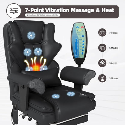7-Point Massage Office Chair,Heated Manageral Chair,Ergonomic Executive Chair with Footrest,Adjustable Armrest，Computer Chair for Offices, Study Areas, Gaming Spaces,Black