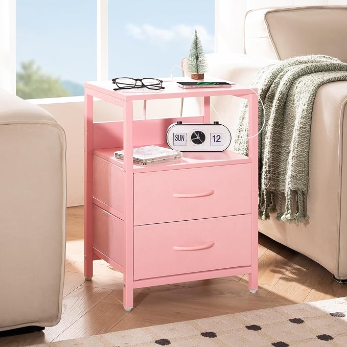 Yoobure Nightstand with Charging Station, Small Night Stand with Fabric Drawers and Storage Shelf for Bedrooms, Nightstands for Small Spaces, Bedside Table with USB Ports & Outlets Bed Side Table