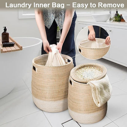 Laundry Hamper Basket 2-Pack - Natural Seagrass Handmade Storage Hamper with Lid, Removable Washable Liner, Storage Basket for Clothes Toys, Decorative Organizer for Bedroom, Bathroom, Living Room