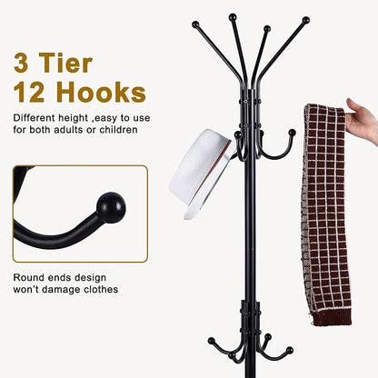 Freestanding Coat Rack with Umbrella Holder,Metal Coat Tree with 12 Hooks for Hanging Coat,Hats,Bag, Black Modern Coat Rack Stand Umbrella Stand for Entryway, Living Room, Bedroom, Office