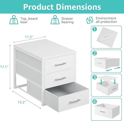 BOLUO Closet Drawers White Fabric 3 Drawer Small Dresser for Closet Organizers and Storage Bedroom Dorm Modern